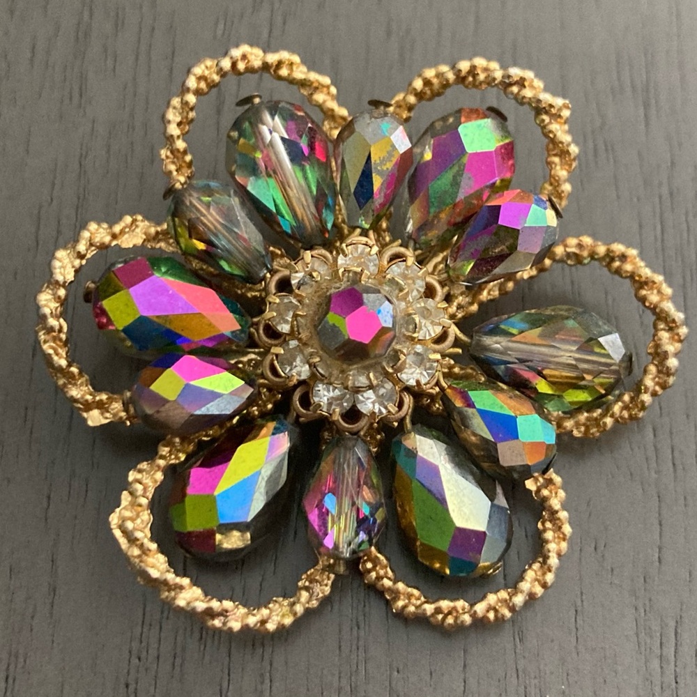 Mid Century Aurora Borealis Floral Cluster Vintage Antique Brooch - Picture 2 of 4